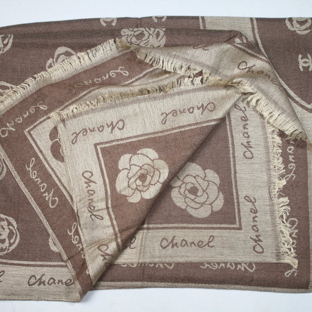 Authentic Chanel Scarf wrap stole 65% Cashmere 35% Silk Brown Used - Picture 3 of 10